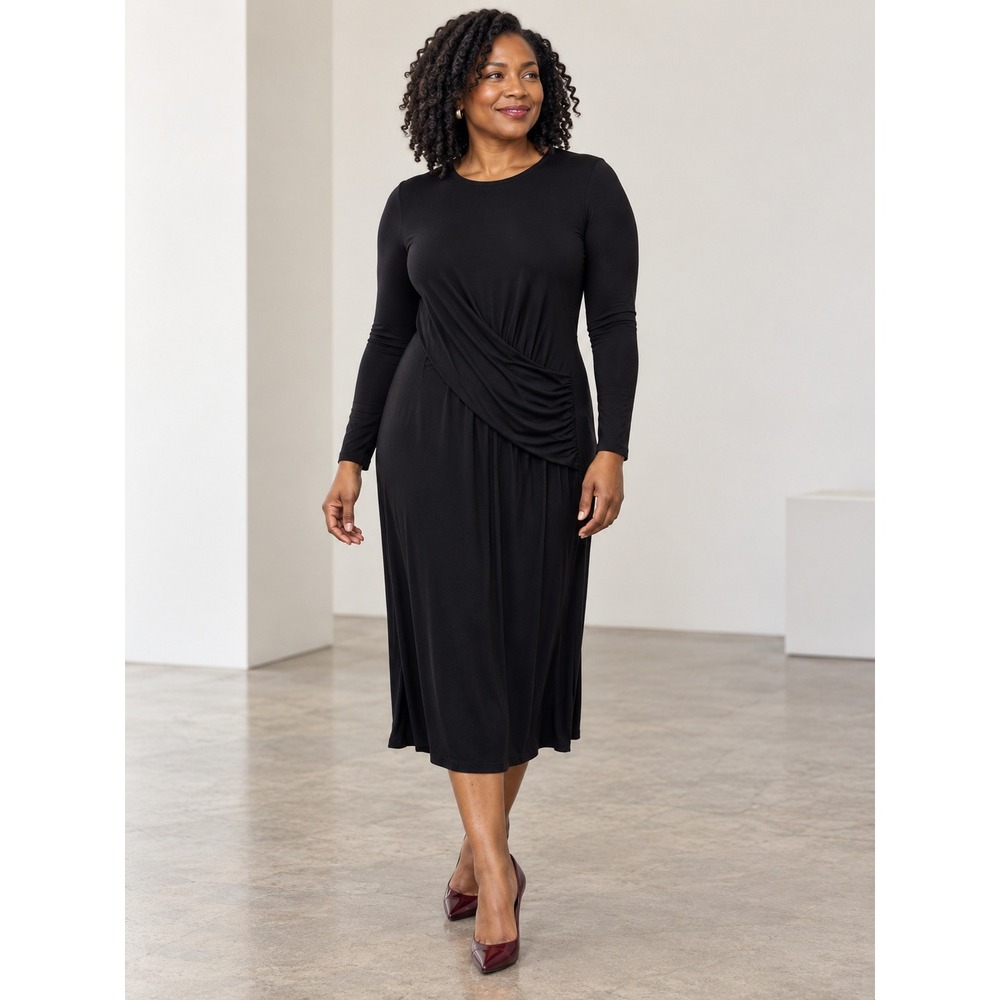 Anthropologie Black Long Sleeve Ruched Faux Wrap Midi Dress OB1082465 Small